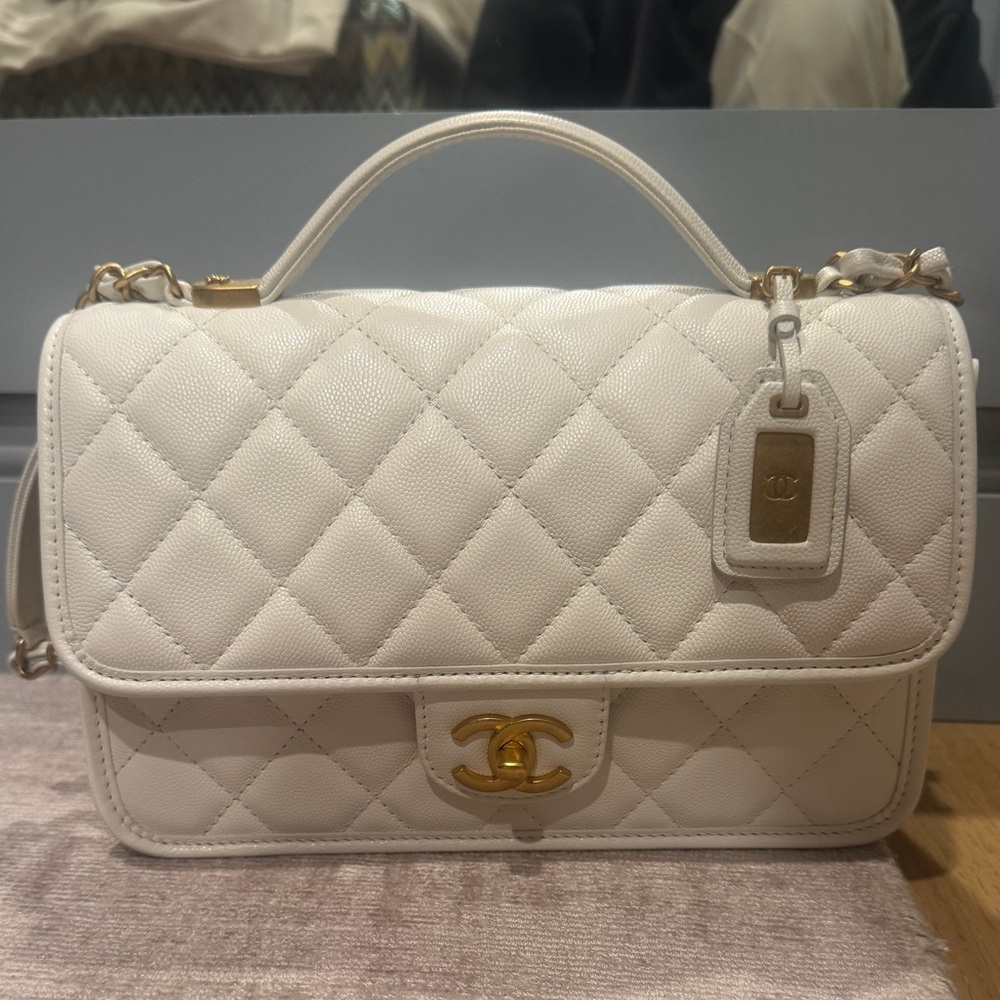 Chanel White School Memory Flap top handle Quilted Leather Bag. never been worn